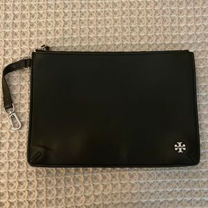 Tory Burch black leather zippered clip on pouch